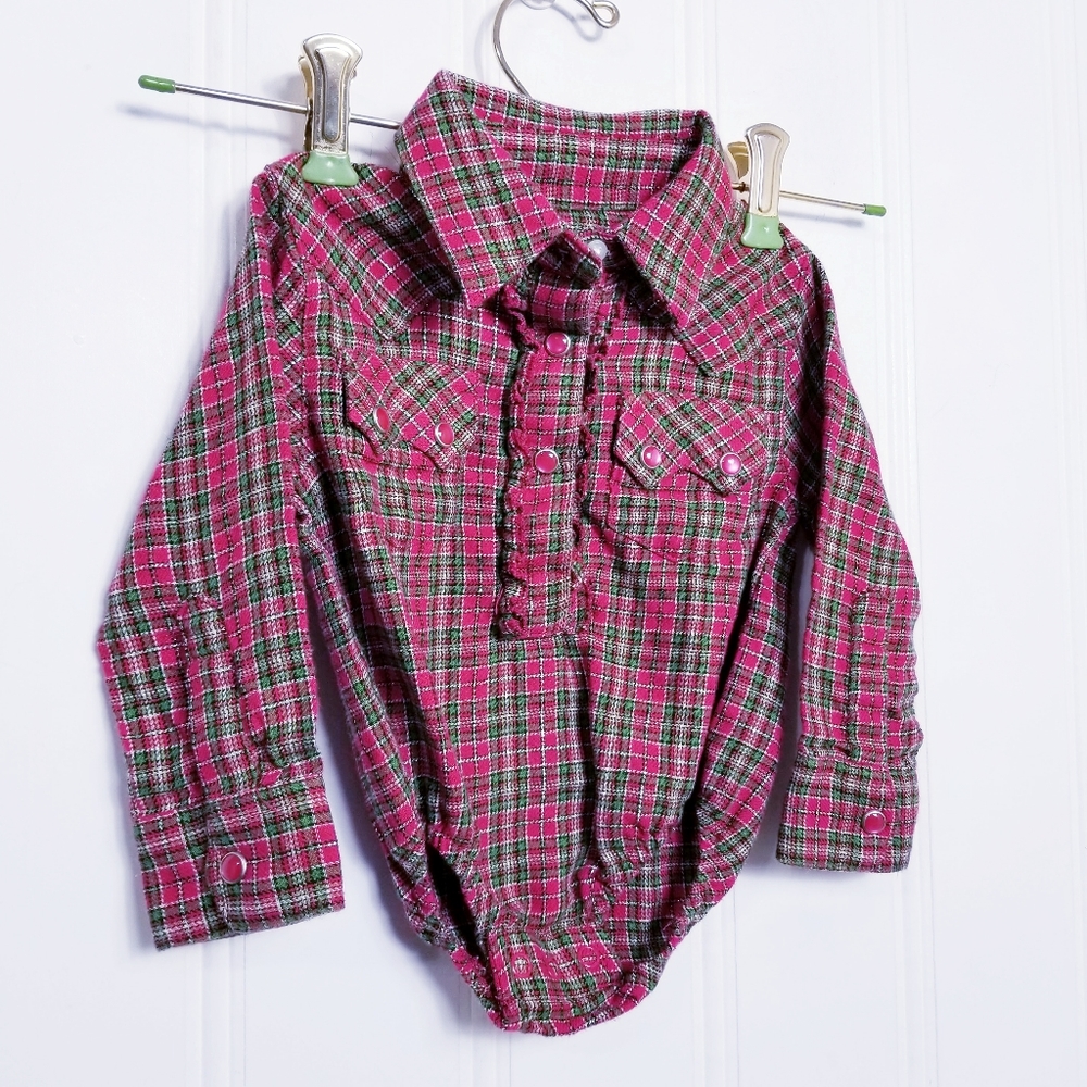 Wrangler Baby Girl Western Plaid Ruffle Onesie Red Snap 3–6M Cotton